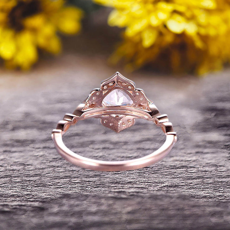 10k Rose Gold Morganite Halo Engagement Ring With Cushion Cut 1.50 Carat Milgrain Art Deco