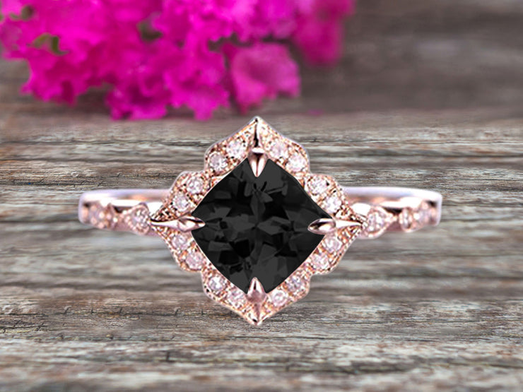 10k Rose Gold Black Diamond Moissanite Halo Engagement Ring With Cushion Cut 1.50 Carat Milgrain Art Deco