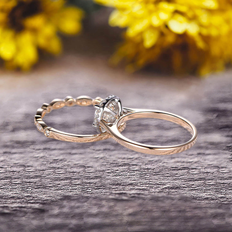 2Pcs Milgrain Pear Shape 1.75 Carat Wedding Ring Set Morganite Engagement Ring Diamond Matching Band 10k Yellow Gold Anniversary Gift