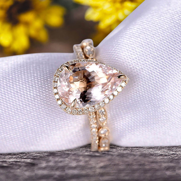 2Pcs Milgrain Pear Shape 1.75 Carat Wedding Ring Set Morganite Engagement Ring Diamond Matching Band 10k Yellow Gold Anniversary Gift