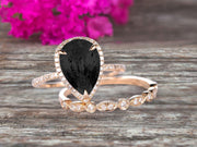 2Pcs Milgrain Pear Shape 1.75 Carat Wedding Ring Set Black Diamond Moissanite Engagement Ring Diamond Matching Band 10k Yellow Gold Anniversary Gift