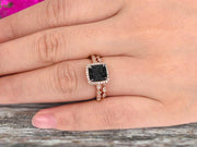 Princess Cut 1.75 Carat Black Diamond Moissanite Engagement Ring Set On 10k Rose Gold Diamond Matching Band Promise Ring Milgrain Anniversary Gift Bridal Ring
