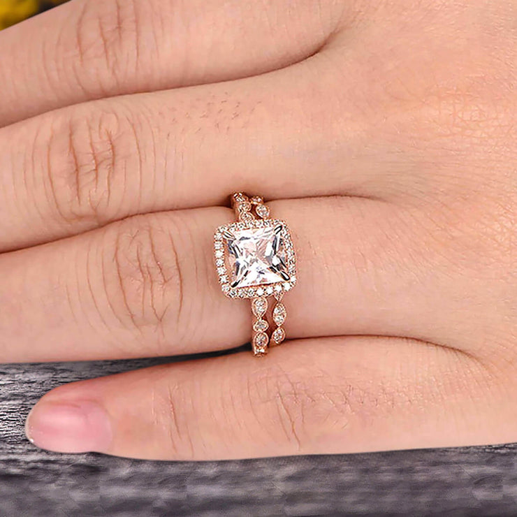 Princess Cut 1.75 Carat Morganite Engagement Ring Set On 10k Rose Gold Diamond Matching Band Promise Ring Milgrain Anniversary Gift Bridal Ring