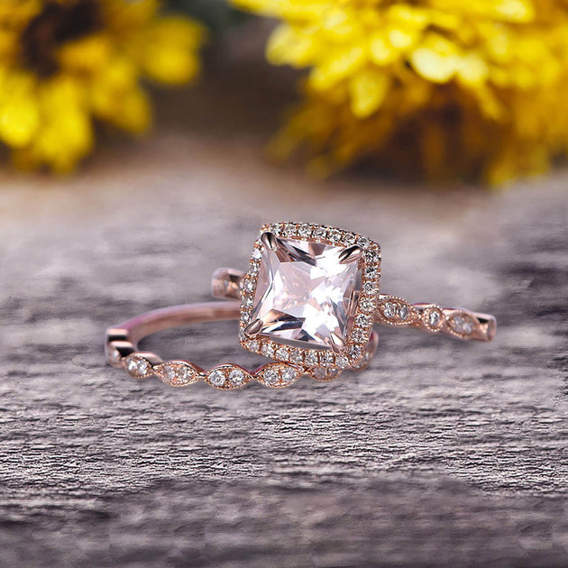 Princess Cut Carat Morganite Engagement Ring Set On 10k Rose