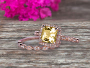 Princess Cut 1.75 Carat Champagne Diamond Moissanite Engagement Ring Set On 10k Rose Gold Diamond Matching Band Promise Ring Milgrain Anniversary Gift Bridal Ring