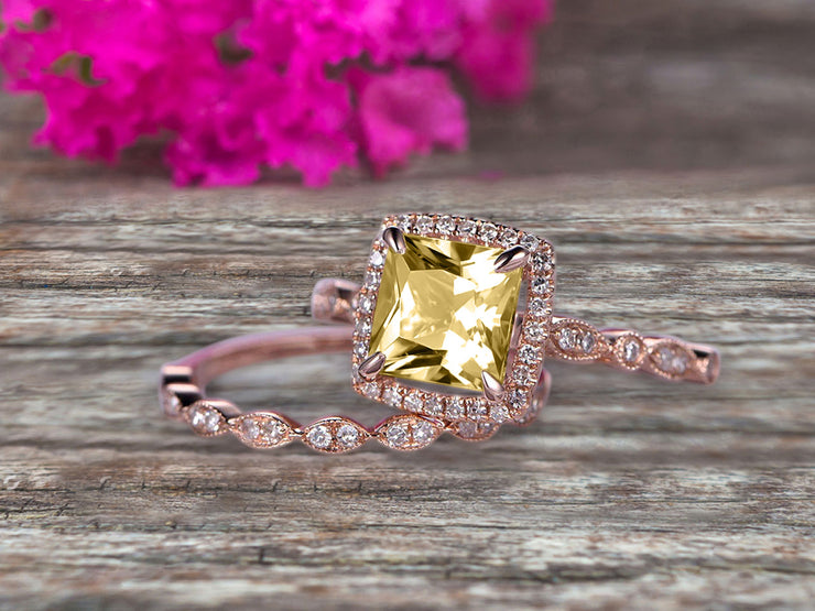 Princess Cut 1.75 Carat Champagne Diamond Moissanite Engagement Ring Set On 10k Rose Gold Diamond Matching Band Promise Ring Milgrain Anniversary Gift Bridal Ring