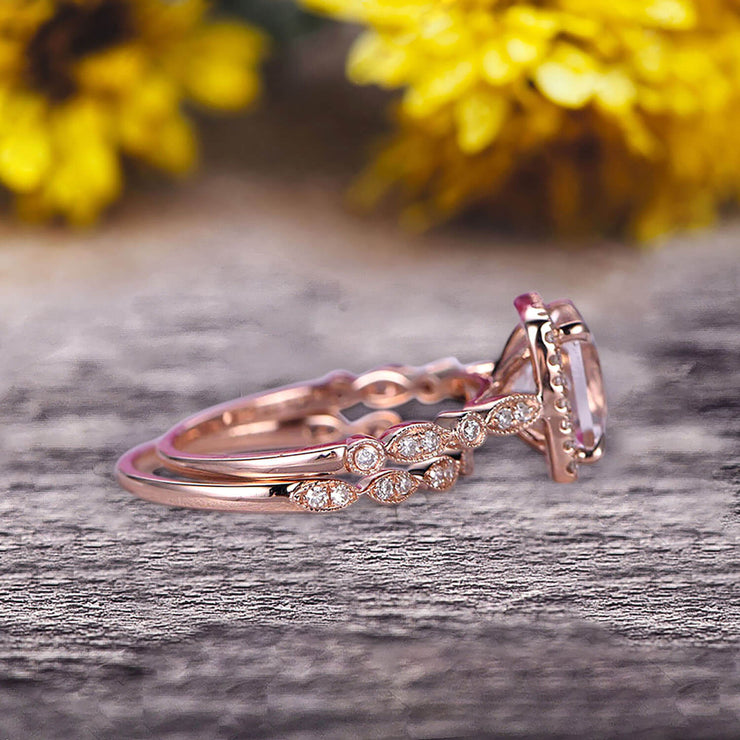 Leaf Princess Cut Peach Morganite Anniversary Rings Set In 14K Rose Gold