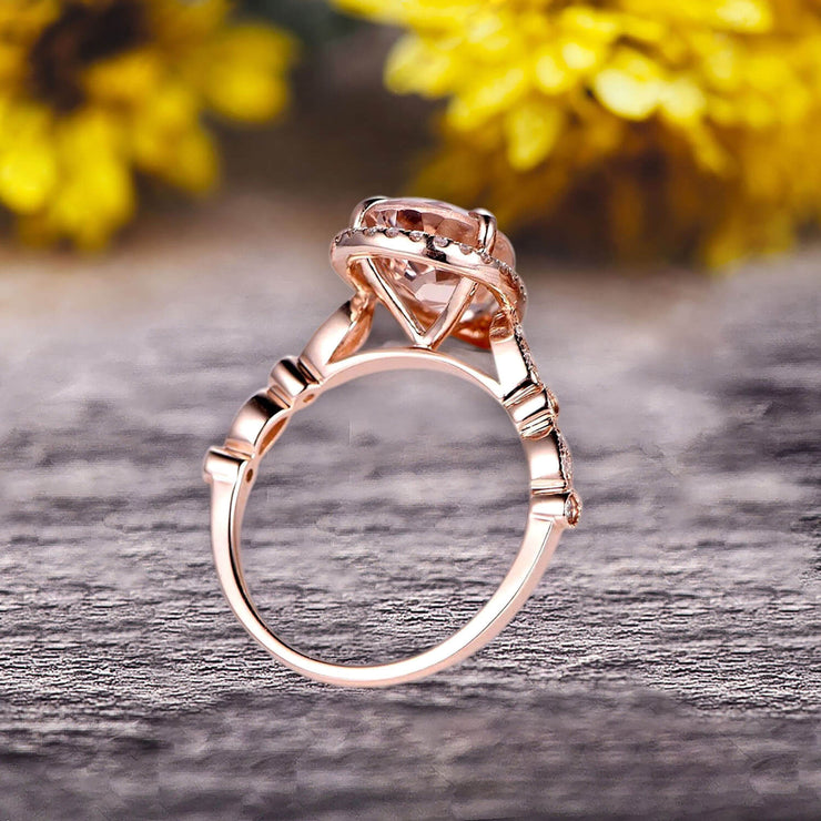 1.50 Carat Pear Shape Pink Morganite Engagement Ring Art Deco Wedding Ring 10k Rose gold Milgrain Anniversary Ring Halo Design