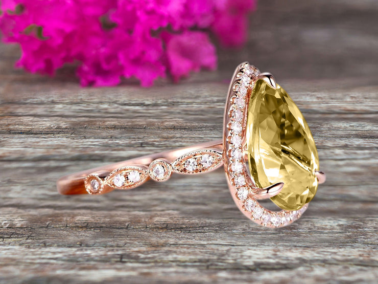 1.50 Carat Pear Shape Champagne Diamond Moissanite Engagement Ring Art Deco Wedding Ring 10k Rose gold Milgrain Anniversary Ring Halo Design