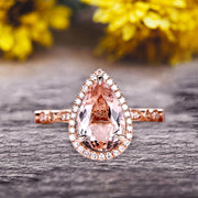 1.50 Carat Pear Shape Pink Morganite Engagement Ring Art Deco Wedding Ring 10k Rose gold Milgrain Anniversary Ring Halo Design