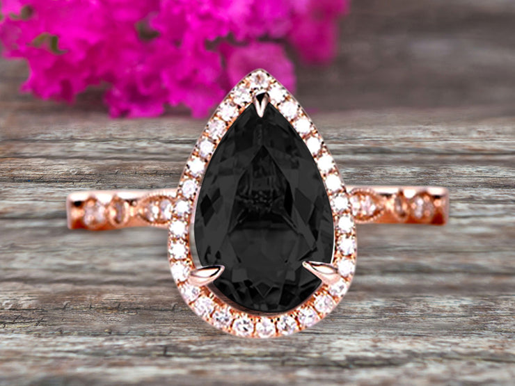 1.50 Carat Pear Shape Pink Black Diamond Moissanite Engagement Ring Art Deco Wedding Ring 10k Rose gold Milgrain Anniversary Ring Halo Design