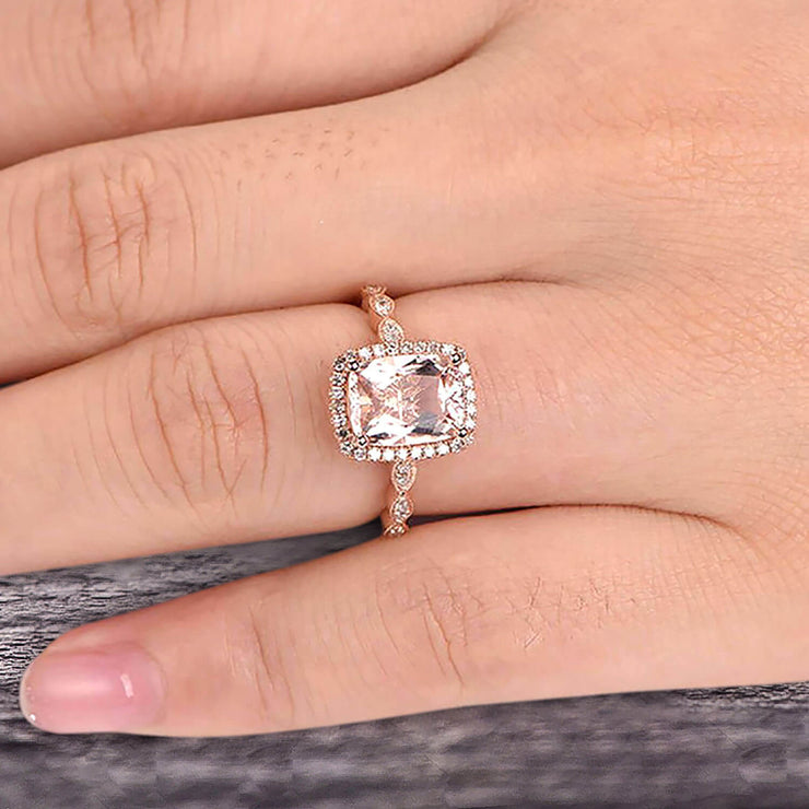 Milgrain Art Deco 1.50 Carat Cushion Cut Morganite Engagement Ring With 10k Rose Gold Shining Sparkling Halo