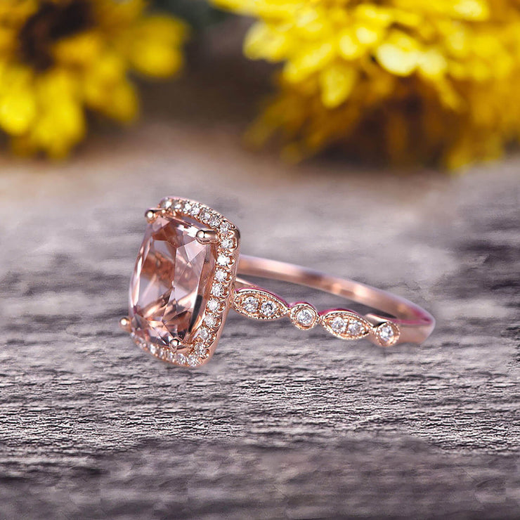 Milgrain Art Deco 1.50 Carat Cushion Cut Morganite Engagement Ring With 10k Rose Gold Shining Sparkling Halo