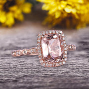 Milgrain Art Deco 1.50 Carat Cushion Cut Morganite Engagement Ring With 10k Rose Gold Shining Sparkling Halo