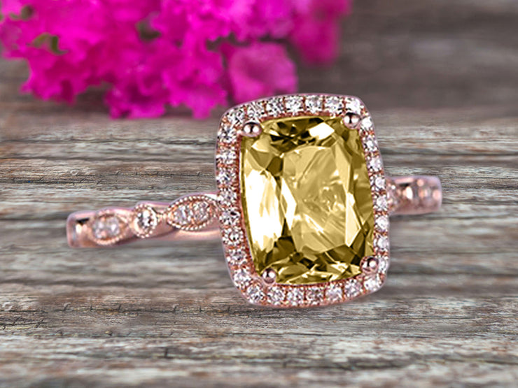 Milgrain Art Deco 1.50 Carat Cushion Cut Champagne Diamond Moissanite Engagement Ring With 10k Rose Gold Shining Sparkling Halo