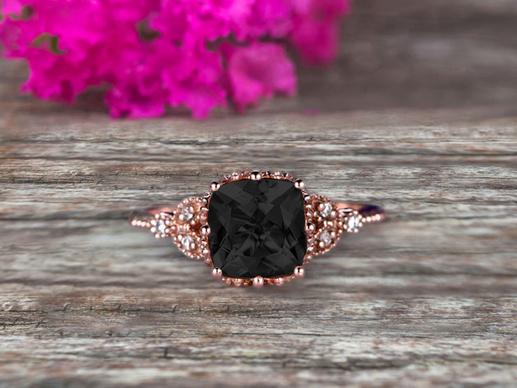 Milgrain Edge Cushion Cut 1.50 Carat Black Diamond Moissanite Engagement Ring On 10k Rose Gold Anniversary Ring Promise Ring Art deco Surprisingly Ring Gift for her