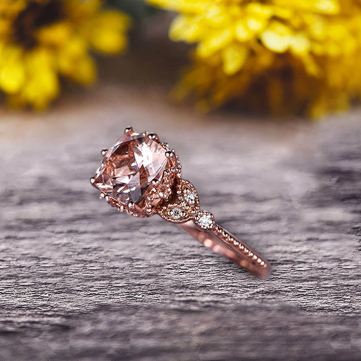 Milgrain Edge Cushion Cut 1.50 Carat Morganite Engagement Ring On 10k Rose Gold Anniversary Ring Promise Ring Art deco Surprisingly Ring Gift for her