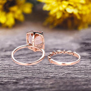 Milgrain 1.75 Carat Wedding Ring Set Big Cushion Cut Morganite Engagement Ring Natural Morganite Art Deco Matching Wedding Band On 14K Rose Gold Surprisingly Ring
