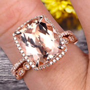 Milgrain 1.75 Carat Wedding Ring Set Big Cushion Cut Morganite Engagement Ring Natural Morganite Art Deco Matching Wedding Band On 14K Rose Gold Surprisingly Ring