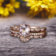 Trio Set Round Cut 1.75 Carat VS Natural Pink Morganite Engagement Ring Set Milgrain Crown Wedding Band 10k Rose Gold Art Deco