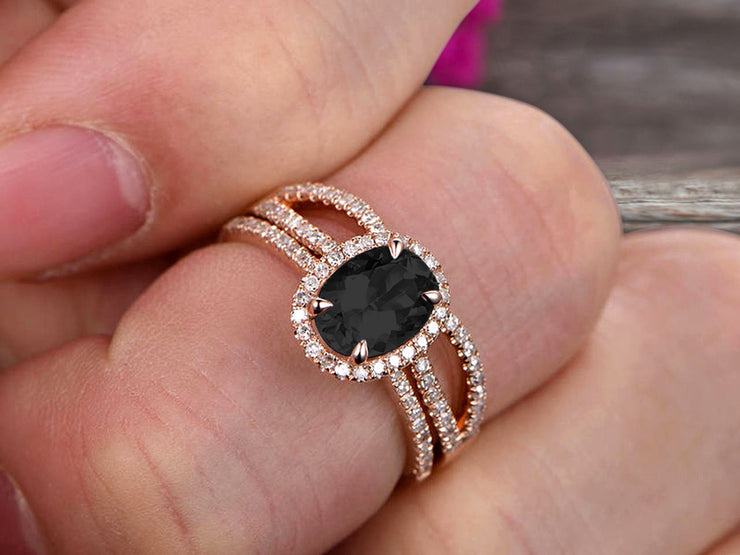 1.75 Carat Oval Cut Black Diamond Moissanite Engagement Ring Set On 10k Rose Gold Promise Ring Custom Made Glaring Jewelry Art Deco