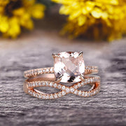 2 Pcs 10k Rose Gold 1.75 Carat Cushion Cut Morganite Engagement Ring Set Solid 10k rose gold Bridal set Custom Made Flaming Jewelry Twisted Across Matching Band 
