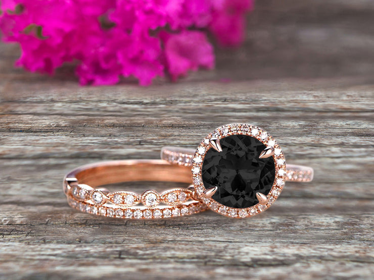 Milgrain Art Deco 2 Carat Round Cut Pink Black Diamond Moissanite Engagement Ring 10k Rose Gold With Halo Design Stacking Matching Band Gift For Anniversary