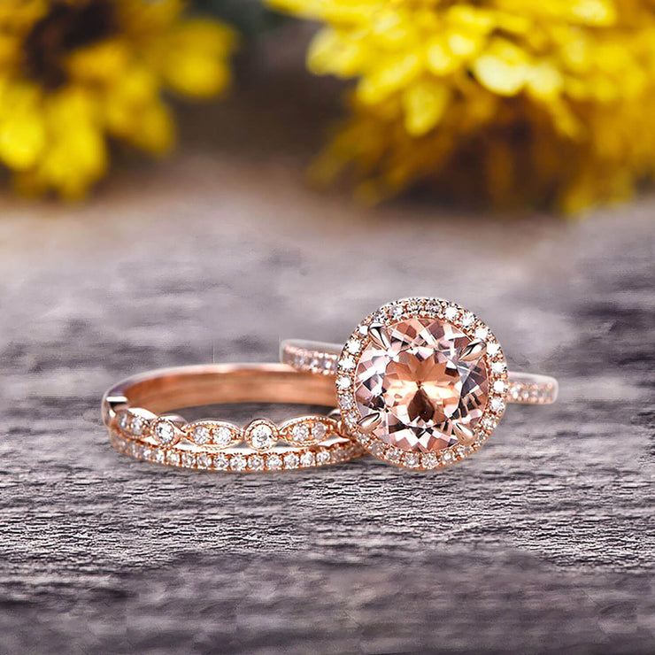Milgrain Art Deco 2 Carat Round Cut Pink Morganite Engagement Ring 10k Rose Gold With Halo Design Stacking Matching Band Gift For Anniversary