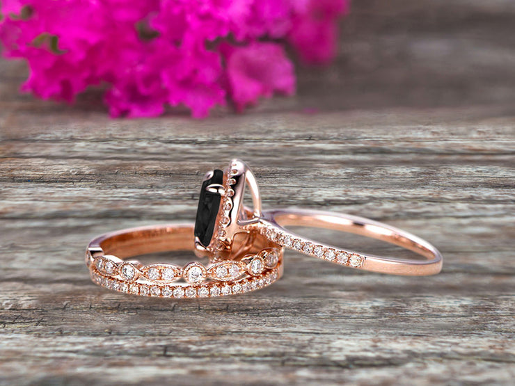 Milgrain Art Deco 2 Carat Round Cut Pink Black Diamond Moissanite Engagement Ring 10k Rose Gold With Halo Design Stacking Matching Band Gift For Anniversary