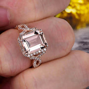 1.50 Carat Emerald Cut Pink Morganite Engagement Ring 10k Rose Gold Promise Ring for Bride or Anniversary Gift Startling Jewelry Twisted Across Design Halo Art Deco