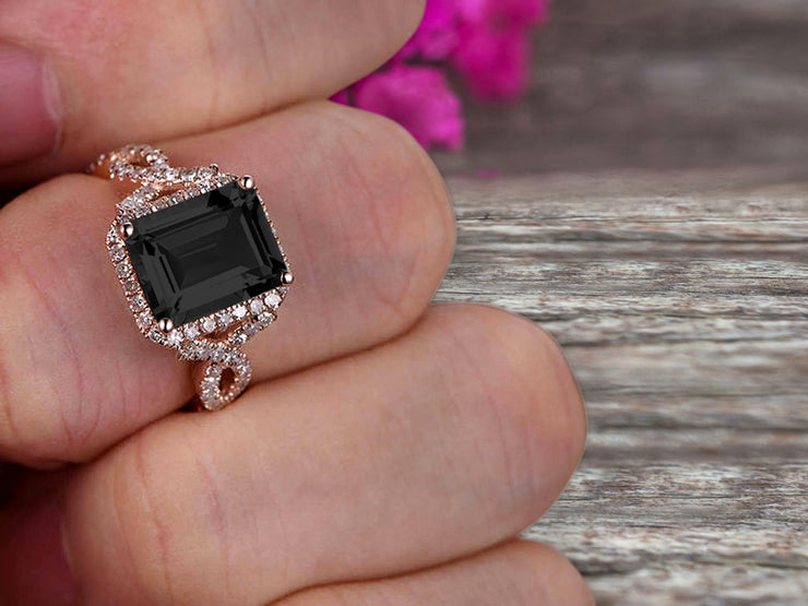 1.50 Carat Emerald Cut Pink Black Diamond Moissanite Engagement Ring 10k Rose Gold Promise Ring for Bride or Anniversary Gift Startling Jewelry Twisted Across Design Halo Art Deco