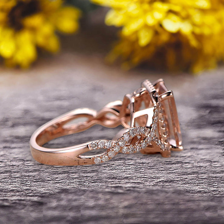 1.50 Carat Emerald Cut Pink Morganite Engagement Ring 10k Rose Gold Promise Ring for Bride or Anniversary Gift Startling Jewelry Twisted Across Design Halo Art Deco