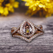 2 Carat Pear Shape Natural Pink Morganite Ring Set On 10k Rose Gold Halo Bridal Ring Promise Ring Twisted Across Design Halo Milgrain Art Deco