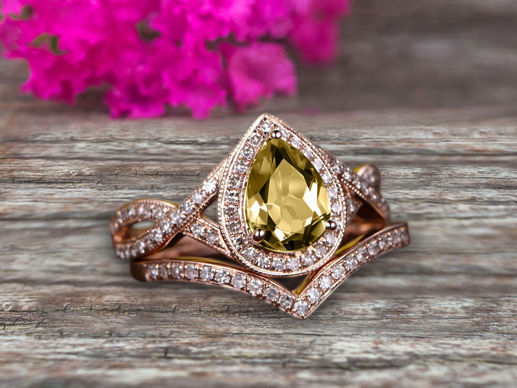 2 Carat Pear Shape Champagne Diamond Moissanite Ring Set On 10k Rose Gold Halo Bridal Ring Promise Ring Twisted Across Design Halo Milgrain Art Deco