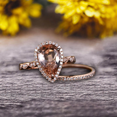 1.75 Carat 10k Rose Gold Pear Shape Natural Morganite Engagement Ring Set Marquise Band Milgrain Art Deco With HALO Ring