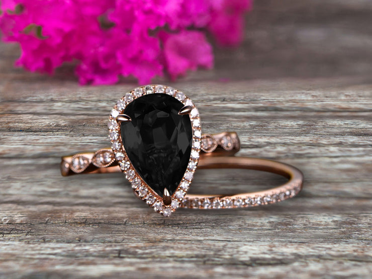 1.75 Carat 10k Rose Gold Pear Shape Natural Black Diamond Moissanite Engagement Ring Set Marquise Band Milgrain Art Deco With HALO Ring