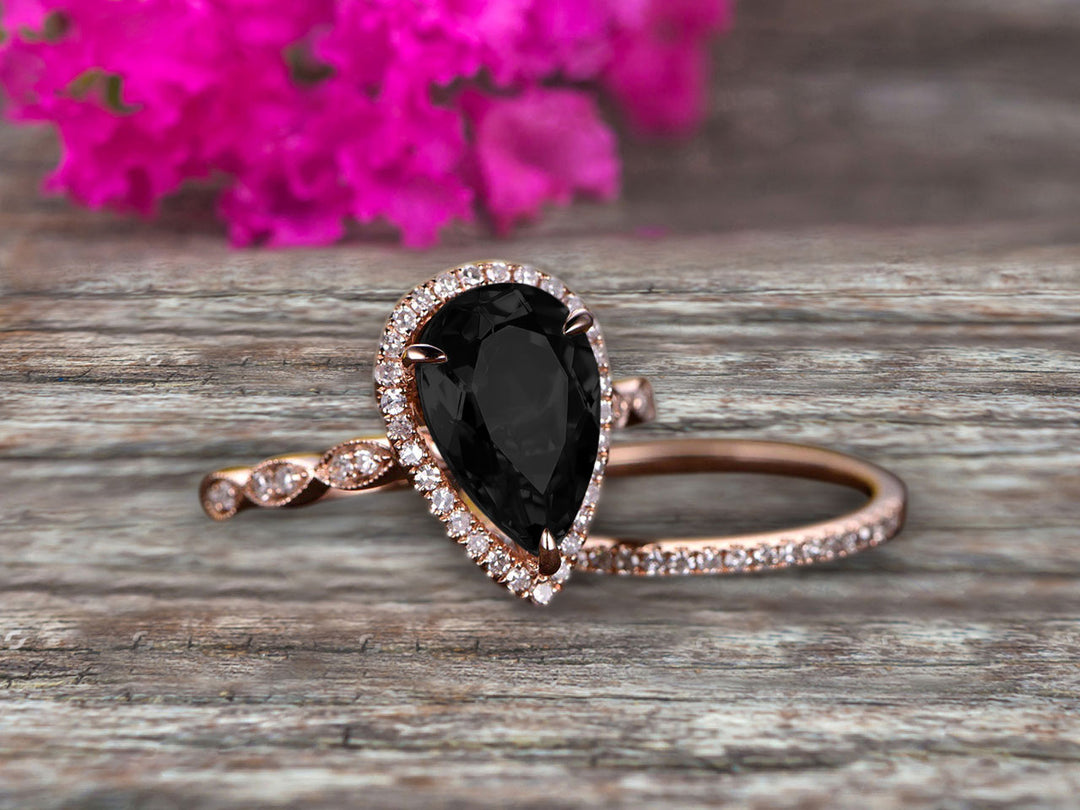 1.75 Carat 10k Rose Gold Pear Shape Black Diamond Moissanite Engagemen agemz