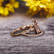 1.75 Carat 10k Rose Gold Pear Shape Natural Morganite Engagement Ring Set Marquise Band Milgrain Art Deco With HALO Ring