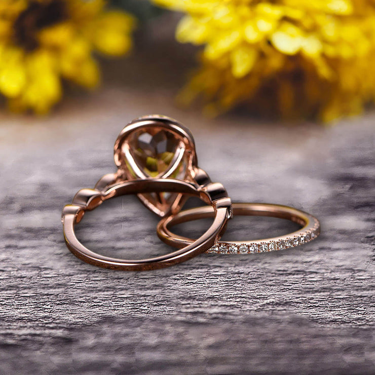 1.75 Carat 10k Rose Gold Pear Shape Morganite Engagement Ring Set Marquise Band Milgrain Art Deco With HALO Ring