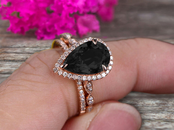 1.75 Carat 10k Rose Gold Pear Shape Black Diamond Moissanite Engagement Ring Set Marquise Band Milgrain Art Deco With HALO Ring