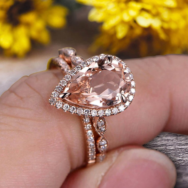 1.75 Carat 10k Rose Gold Pear Shape Morganite Engagement Ring Set Marquise Band Milgrain Art Deco With HALO Ring