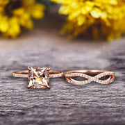 1.75 Carat VS Natural Morganite Wedding Ring Set Princess Cut 10k Rose Gold Engagement Ring Bridal Ring Loop Infinity Stacking Matching Band Staggering Shining Vintage Look