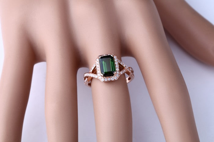 Infinity 2 Carat Emerald and Moissanite Diamond Engagement Ring for Her in Rose Gold