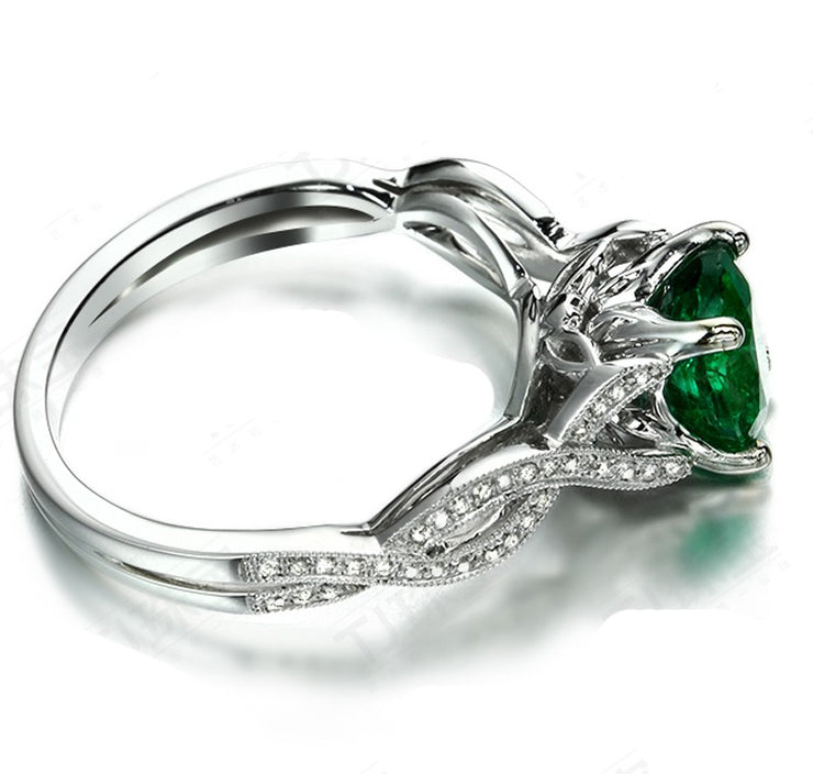 Infinity design 2 Carat Emerald and Moissanite Diamond curved Engagement Ring in White Gold