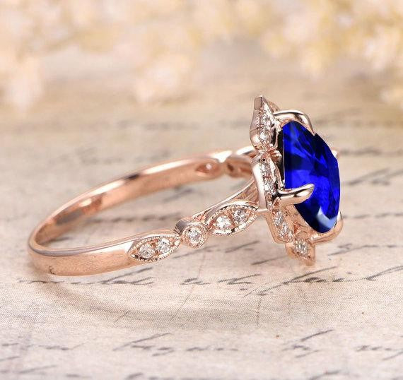 Handmade 1.25 Carat Blue Sapphire and Moissanite Diamond Engagement Ring in 10k Rose Gold for Women on Sale