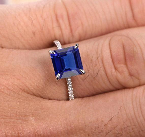 Perfect 1.25 ct Blue Sapphire and Moissanite Diamond Engagement Ring in 10k Rose Gold