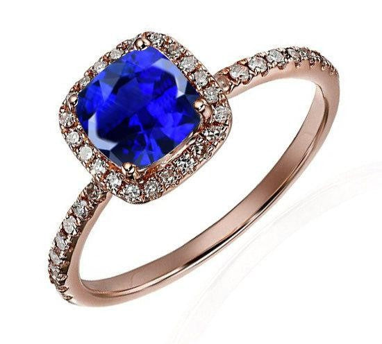 1.25 Carat Blue Sapphire and Moissanite Diamond Engagement Ring in 10k Rose Gold for Women