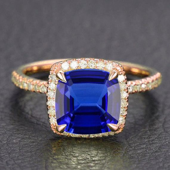 1.25 ct Blue Sapphire and Moissanite Diamond Engagement Ring in 10k Rose Gold