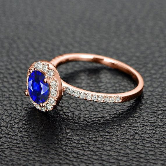 1.25 Carat Blue Sapphire and Moissanite Diamond Engagement Ring in 10k Rose Gold for Women on Sale