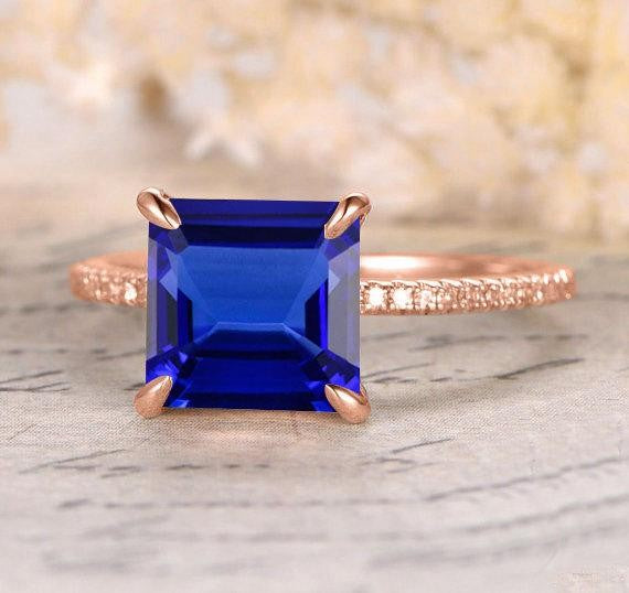 Perfect 1.25 ct Blue Sapphire and Moissanite Diamond Engagement Ring in 10k Rose Gold